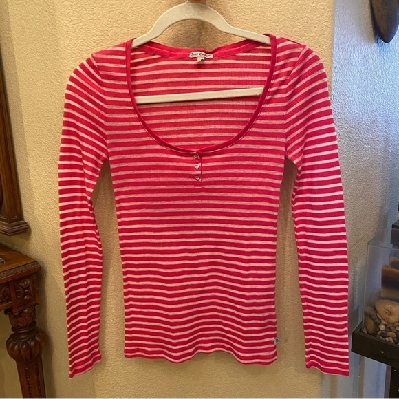 JUICY COUTURE Women Pink Striped Semi-Sheer Long Sleeve Top Size Small - Picture 1 of 10